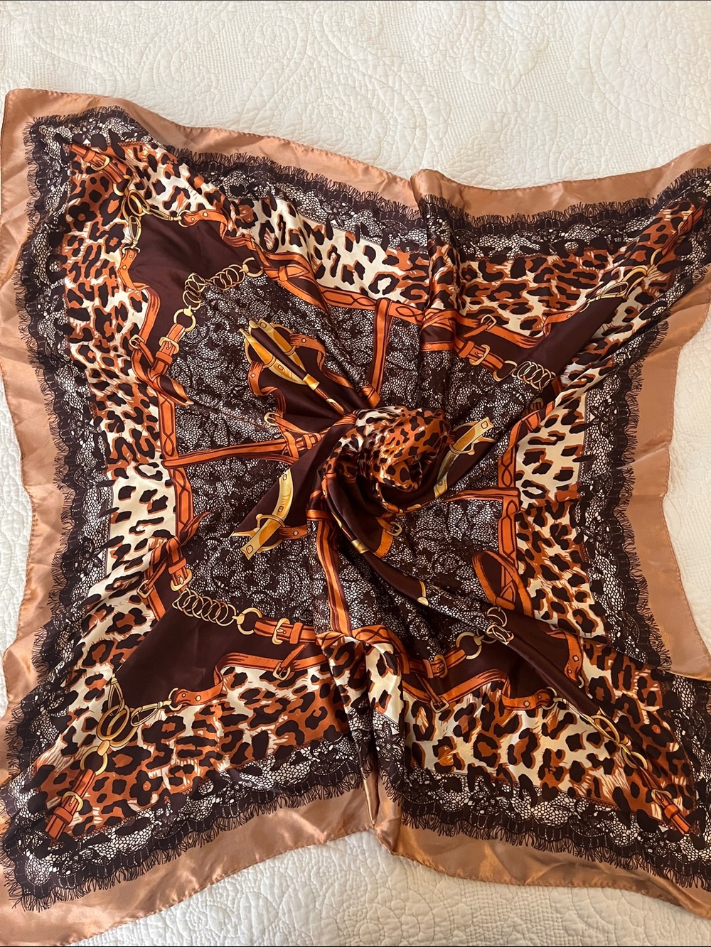 Silky Leopard & Equine Print Square Scarf in Brown & Copper